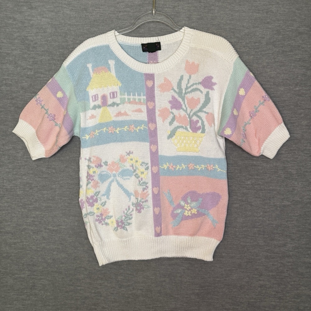 Vintage 80s Fairy Kei Sweater Pastel Novelty Cottagecore Size Medium Spring